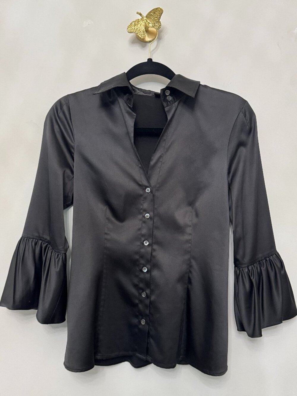 BCBGMAXAZRIA Black Sheen Button Down Pouf Sleeve Blouse Size XS
